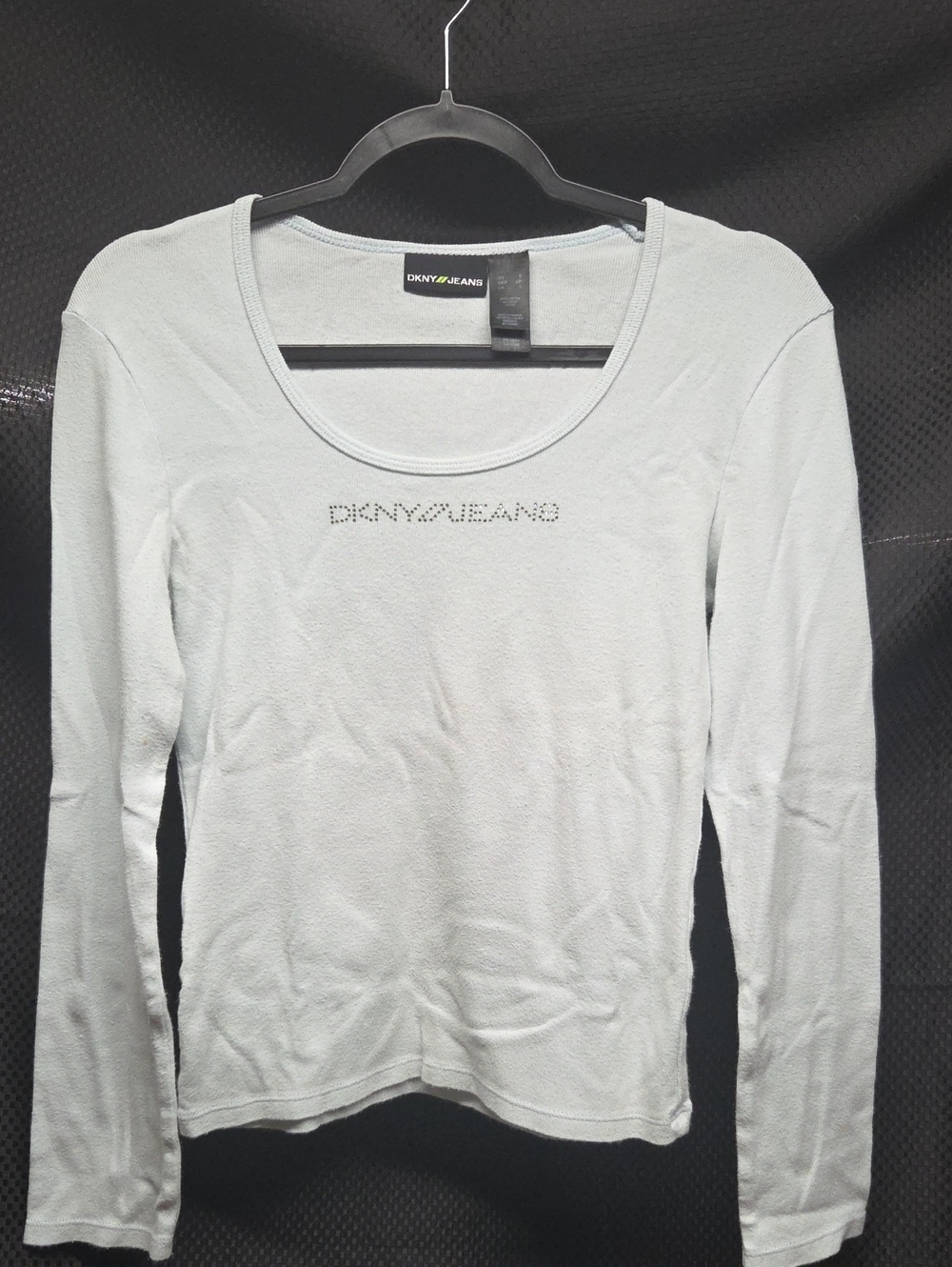 Dkny Light Blue Scoop Neck Long Sleeve Top with Rhinestone Logo